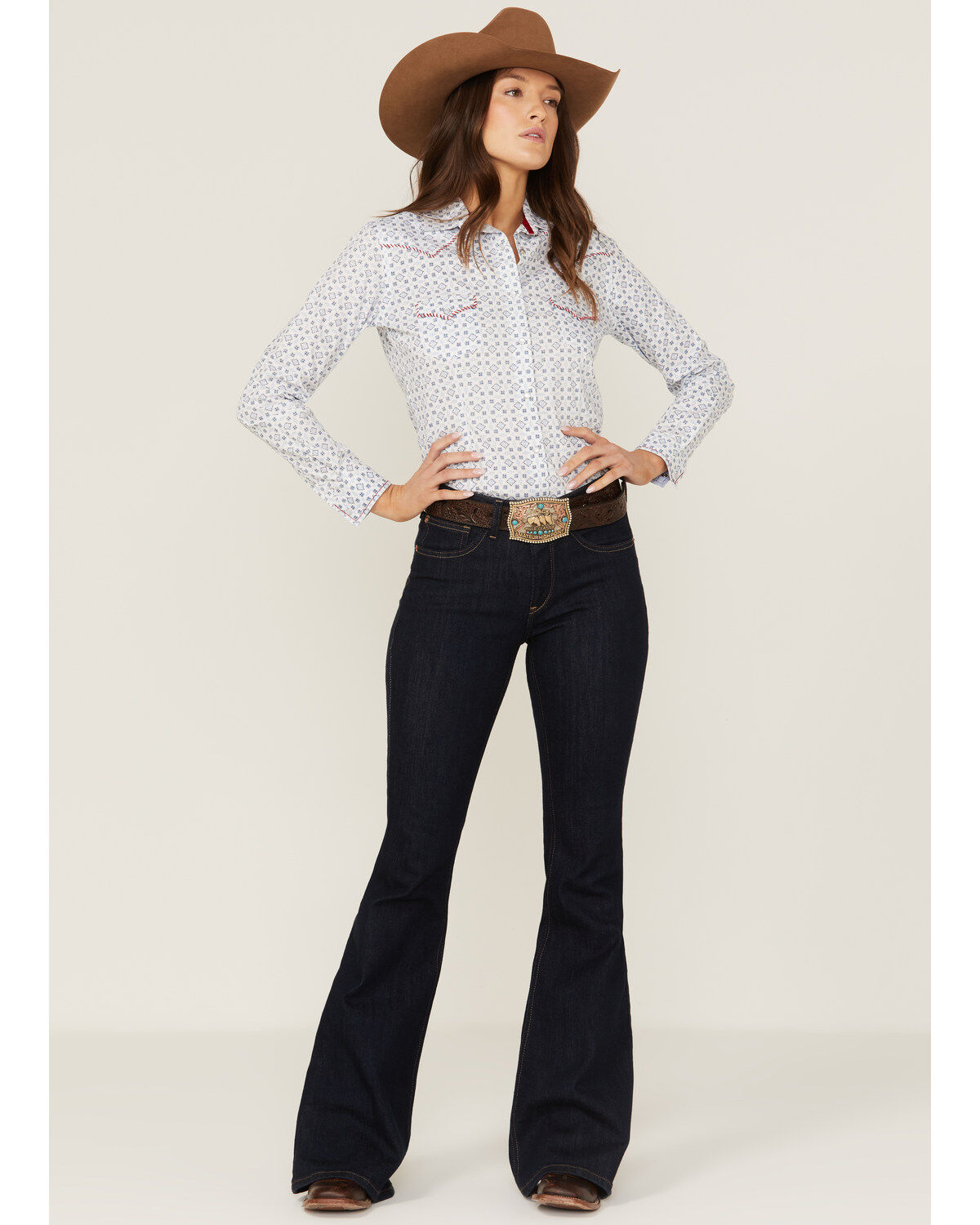 Panhandle Women's Mini Southwestern Geo Whipstitch Long Sleeve Pearl Snap Western Shirt