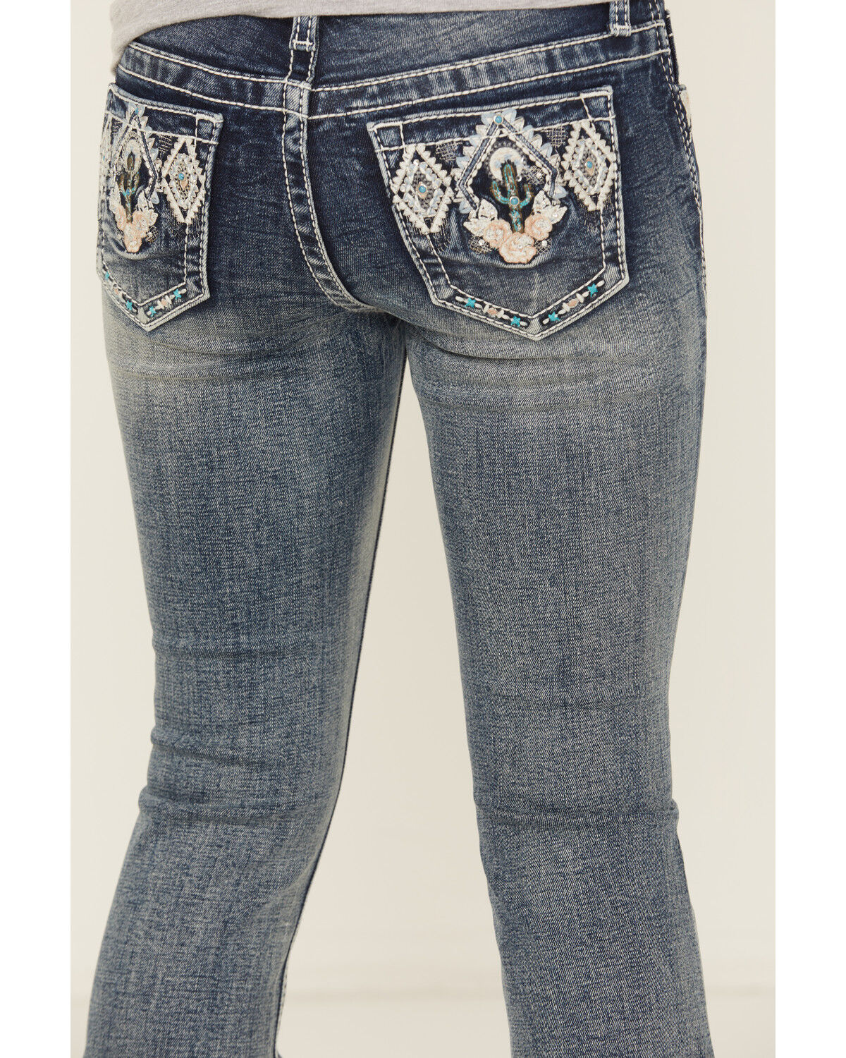 Grace In LA Girls' Chevron Cactus Embroidered Bootcut Stretch Denim Jeans