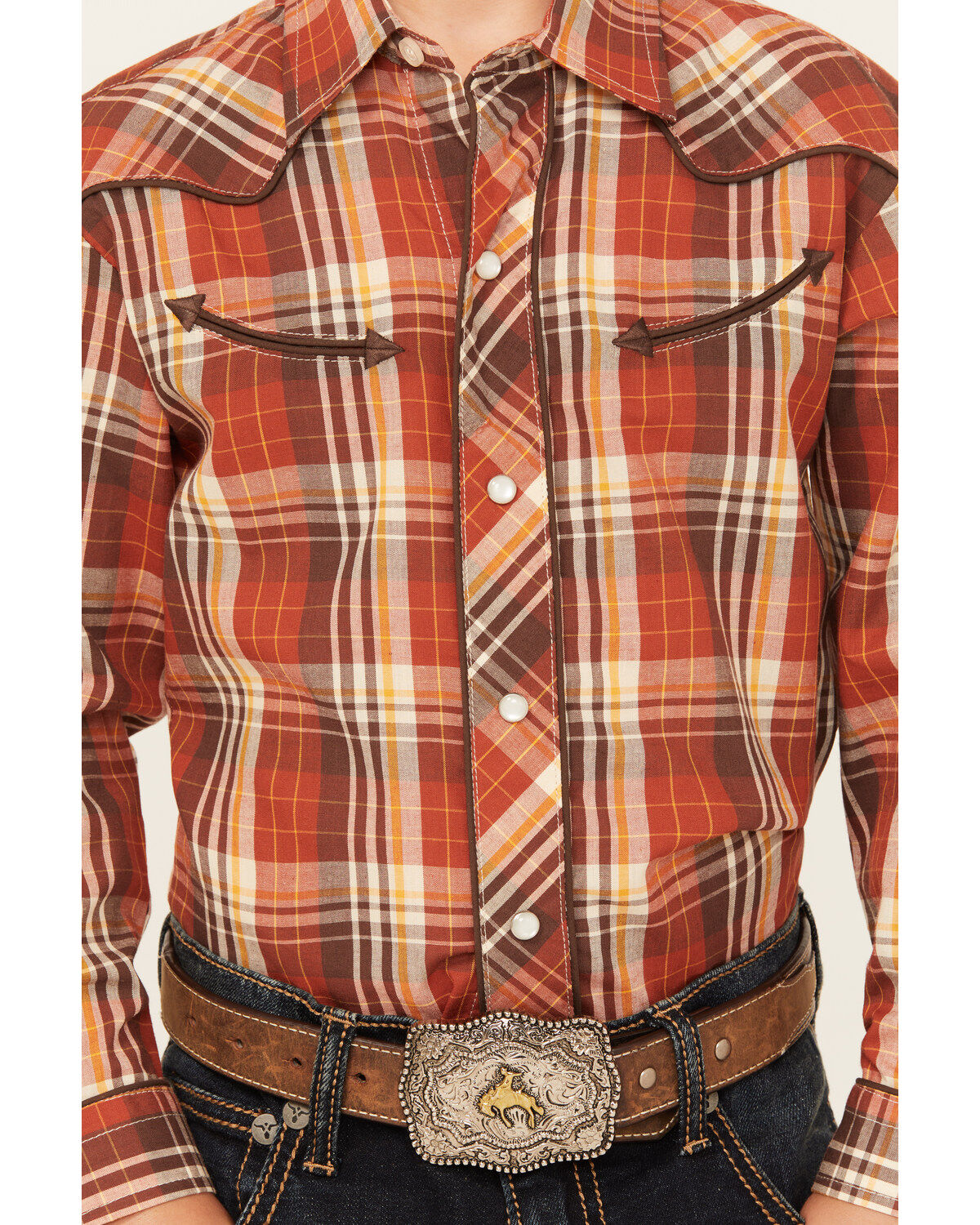 Roper Boys' Plaid Print Cowboy Embroidery Long Sleeve Pearl Snap Western Shirt