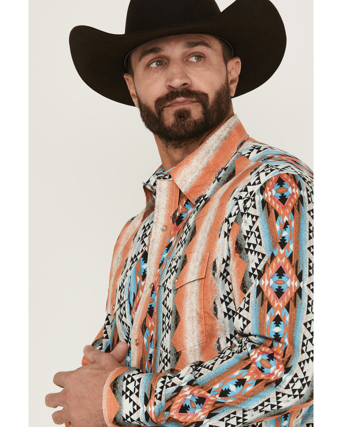 Wrangler Men's Checotah Southwestern Striped Long Sleeve Pearl Snap Western Shirt