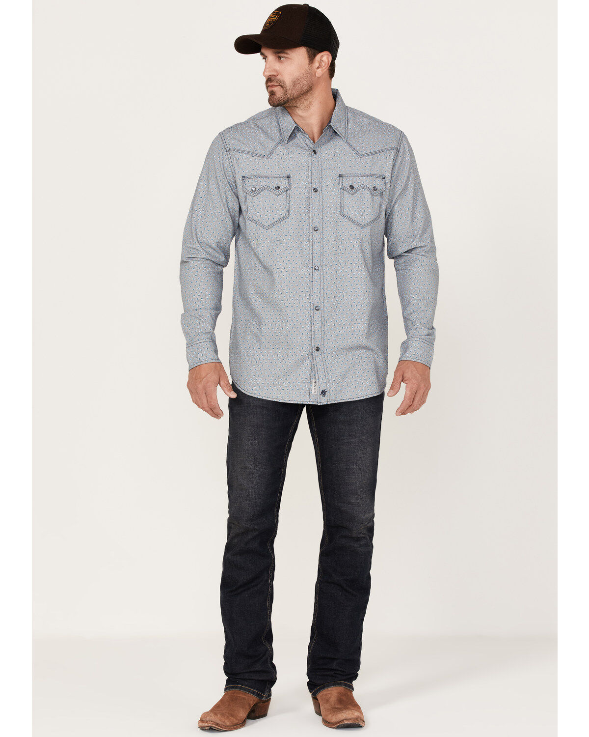 Moonshine Spirit Men's Bull Eye Floral Plaid Print Long Sleeve Pearl Snap Western Shirt
