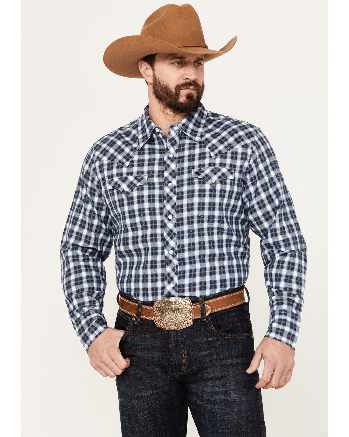 Stetson Men's Dobby Plaid Print Long Sleeve Western Pearl Snap Shirt