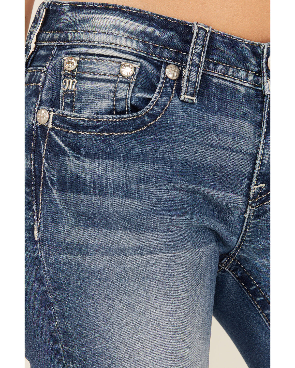 Miss Me Women's Medium Wash Mid Rise Floral Pocket Bootcut Stretch Denim Jeans