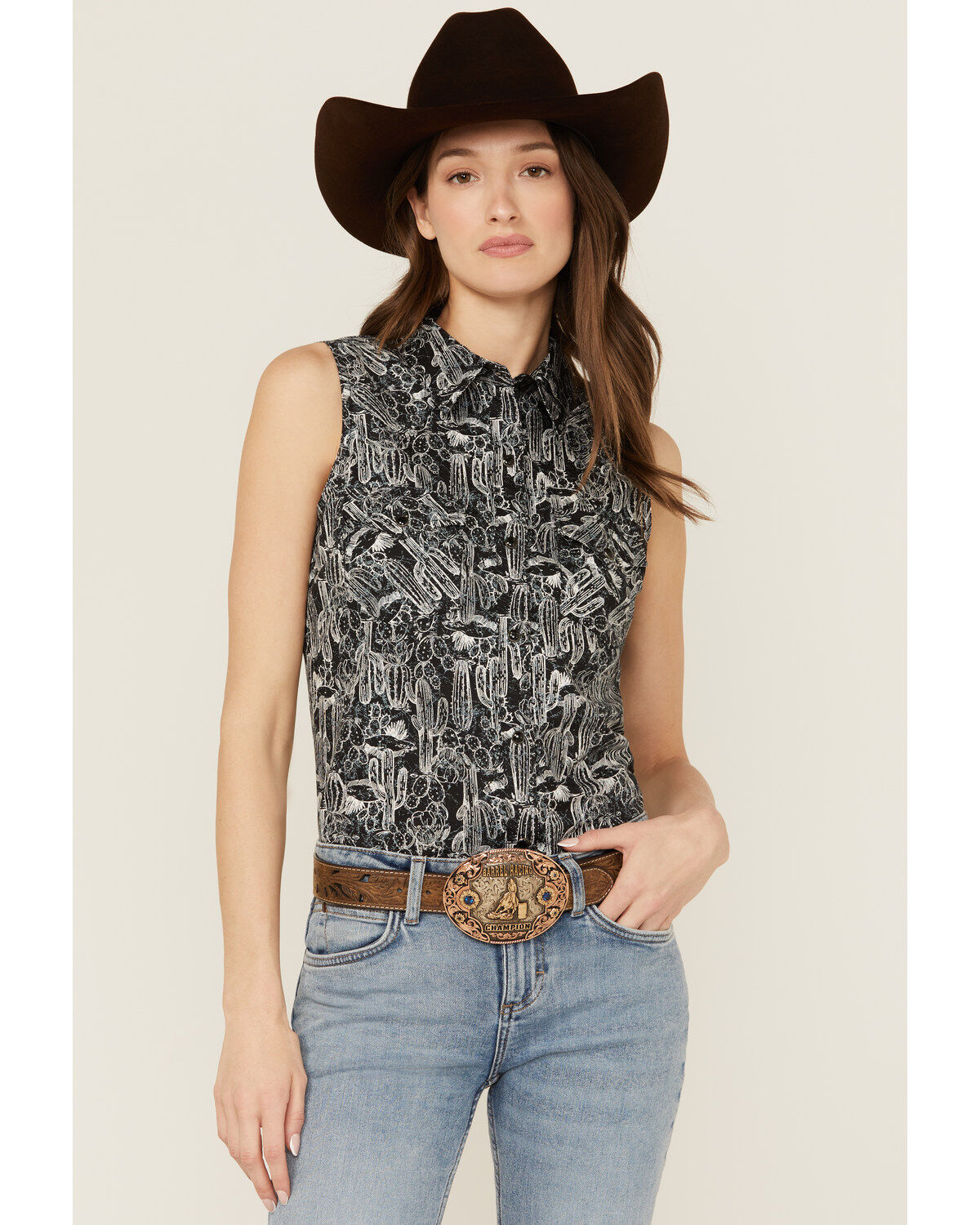 Wrangler Women's Cactus Print Sleeveless Snap Western Shirt
