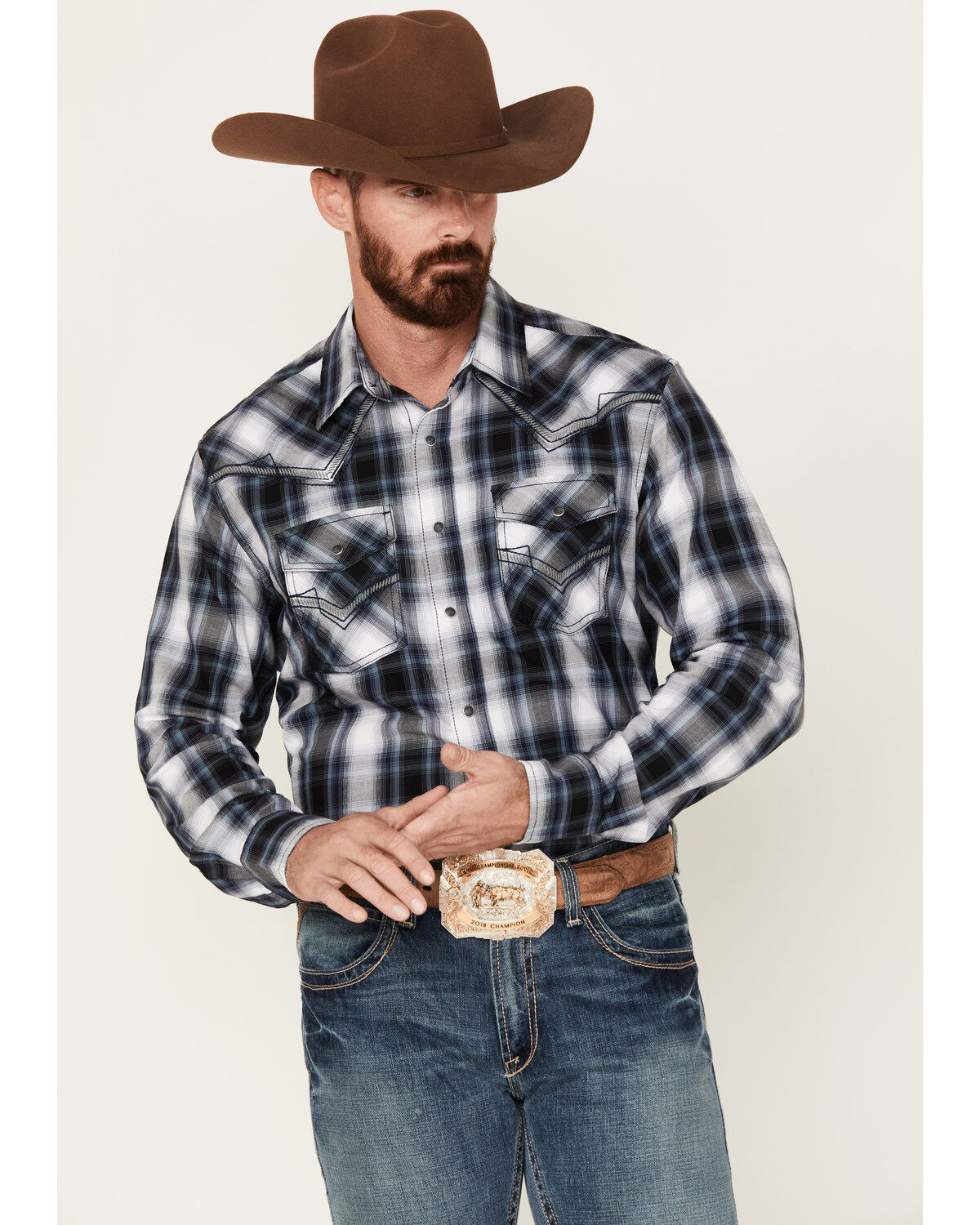 Rock 47 by Wrangler Men's Plaid Print Long Sleeve Snap Western Shirt
