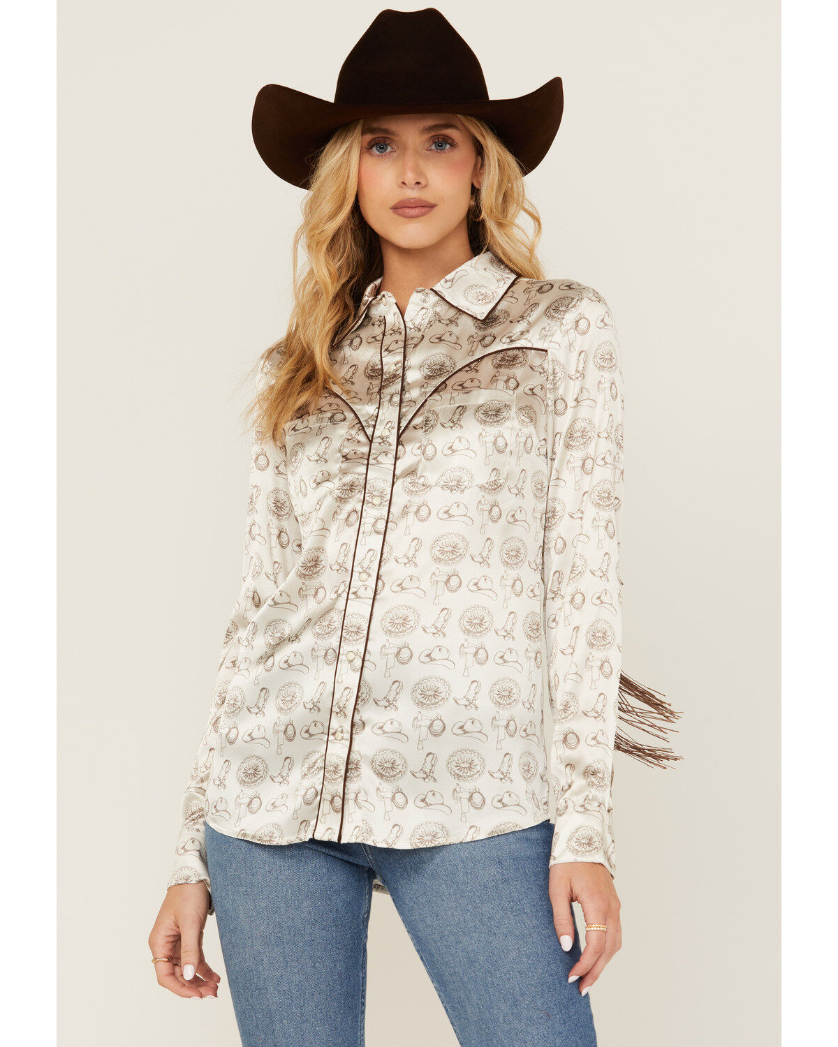 Rock & Roll Denim Women's Conversational Print Long Sleeve Fringe Snap Western Shirt