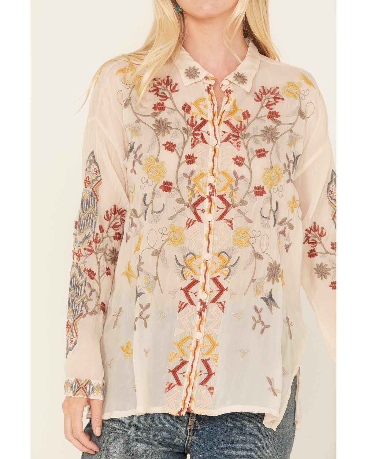 Johnny Was Women's Long Sleeve Floral Embroidered Blouse