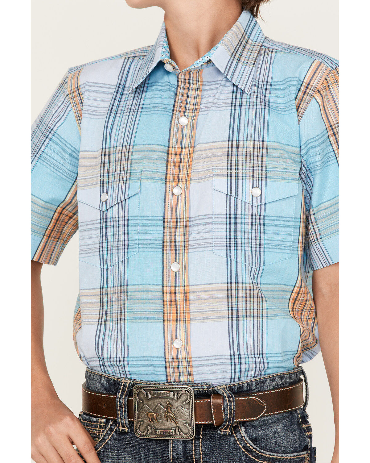 Panhandle Boys' Plaid Print Short Sleeve Western Pearl Snap Shirt