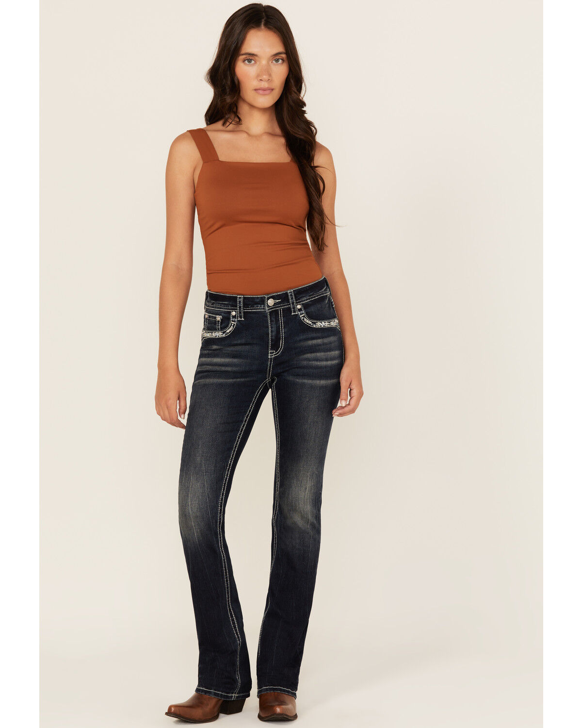 Grace In LA Women's Dark Wash Geo Print Embroidered Mid Rise Bootcut Stretch Denim Jeans