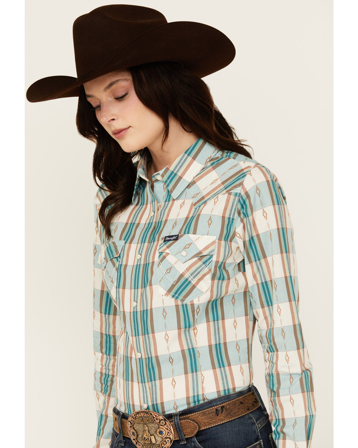 Wrangler Retro Women's Plaid Print Long Sleeve Snap Western Shirt