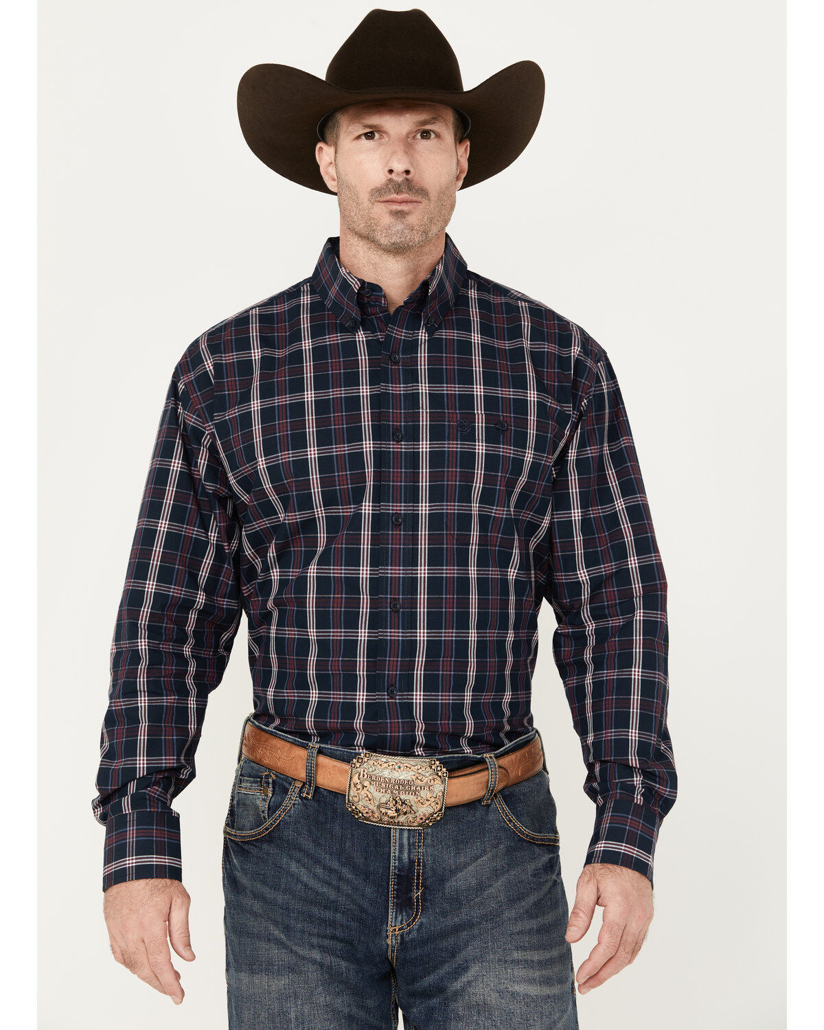 George Strait by Wrangler Men's Plaid Print Long Sleeve Button-Down Western Shirt