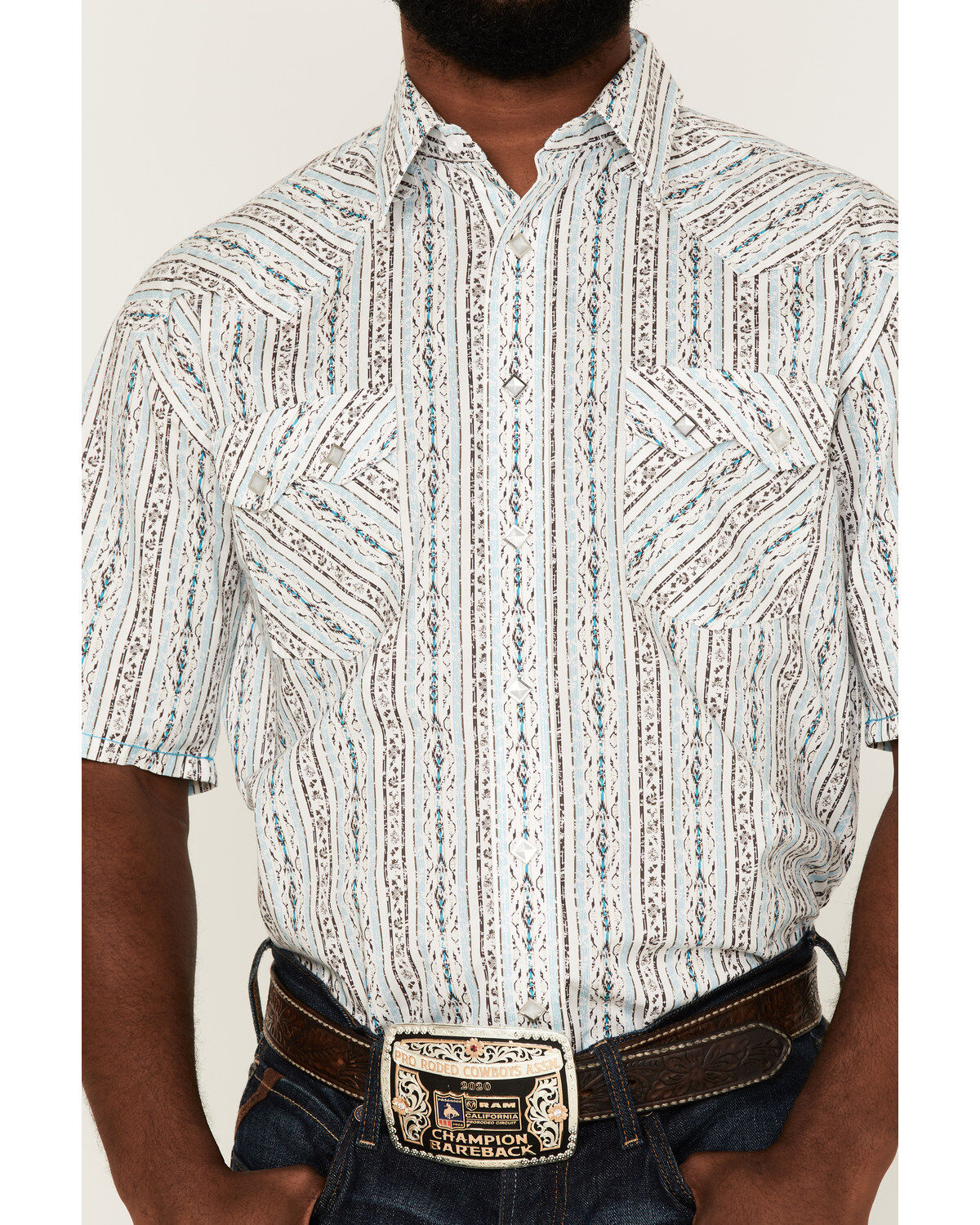Rough Stock By Panhandle Men's Southwestern Stripe Short Sleeve Pearl Snap Western Shirt
