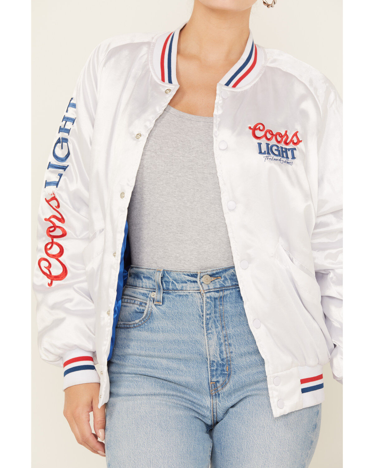 The Laundry Room Women's Faux Satin Coors Light Bomber Jacket