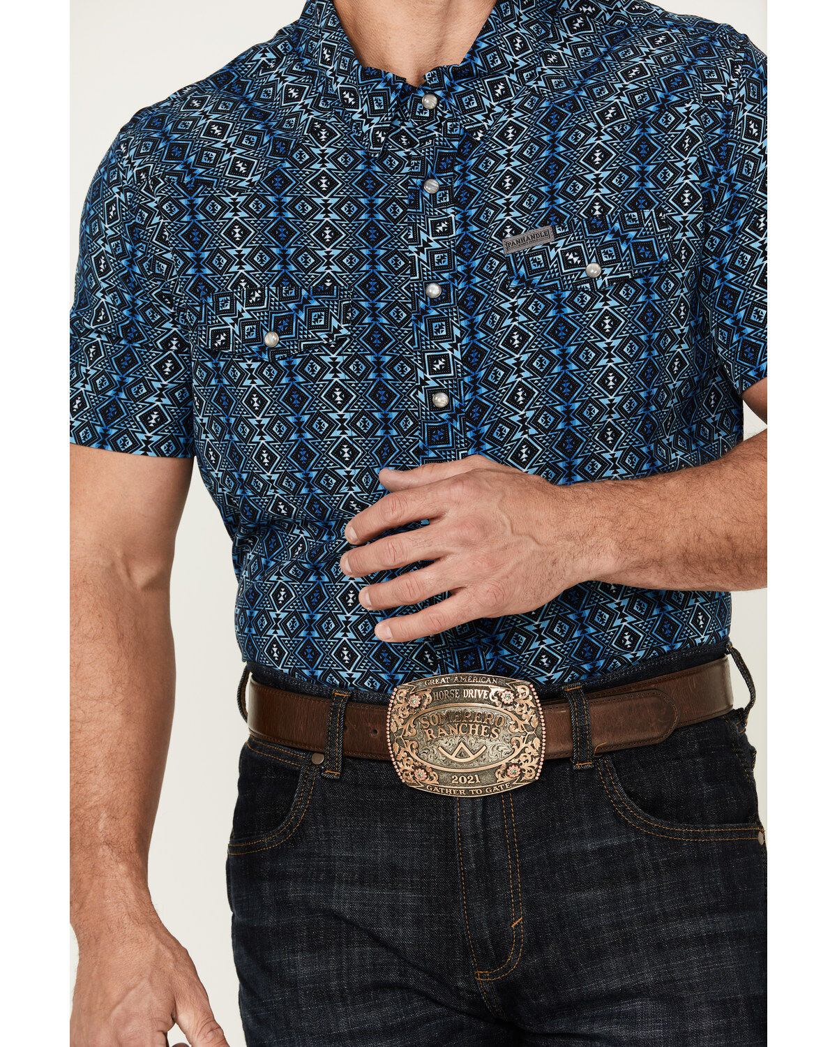 Panhandle Men's Southwestern Print Short Sleeve Pearl Snap Performance Western Shirt