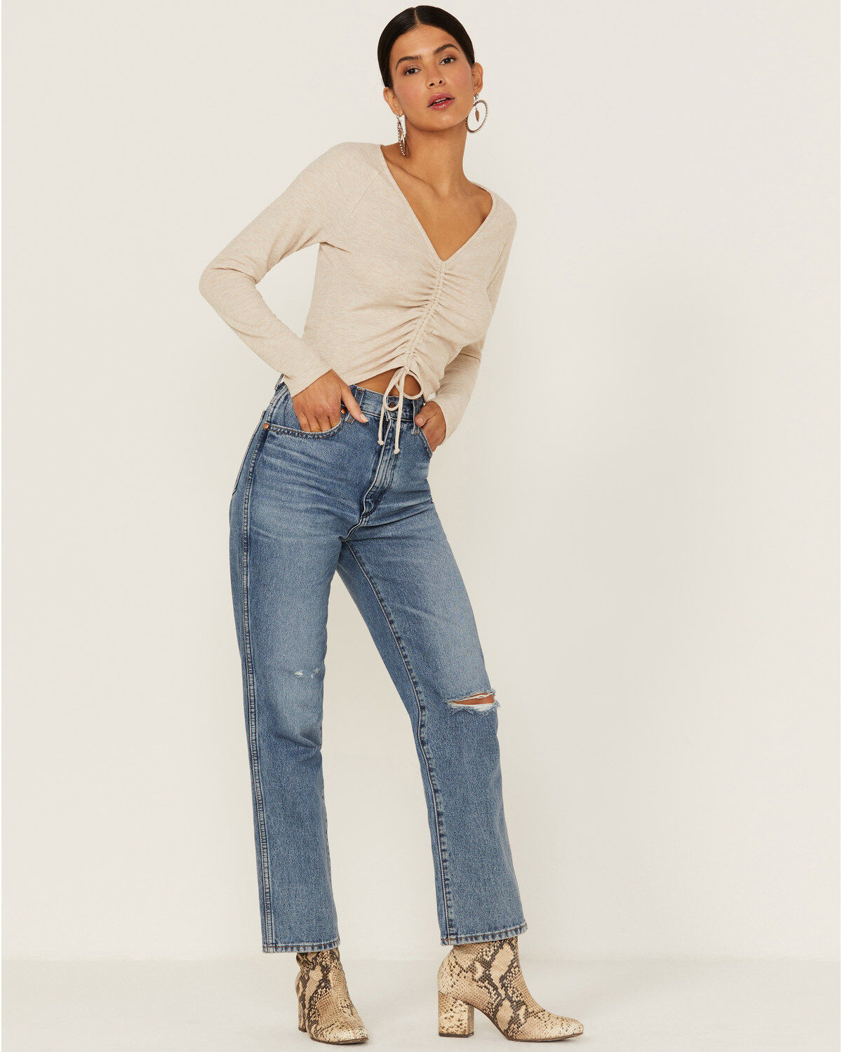 Lush Women's Sand Long Sleeve Cinch Front Knit Top