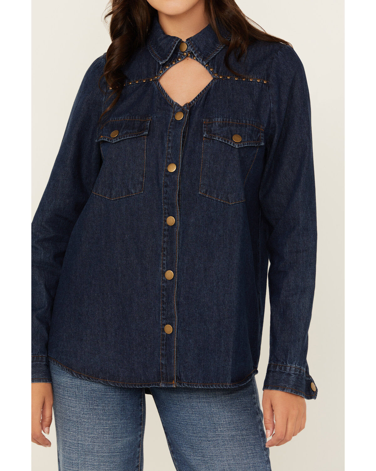 Blue B Women's Dark Wash Studded Keyhole Long Sleeve Snap Denim Shirt