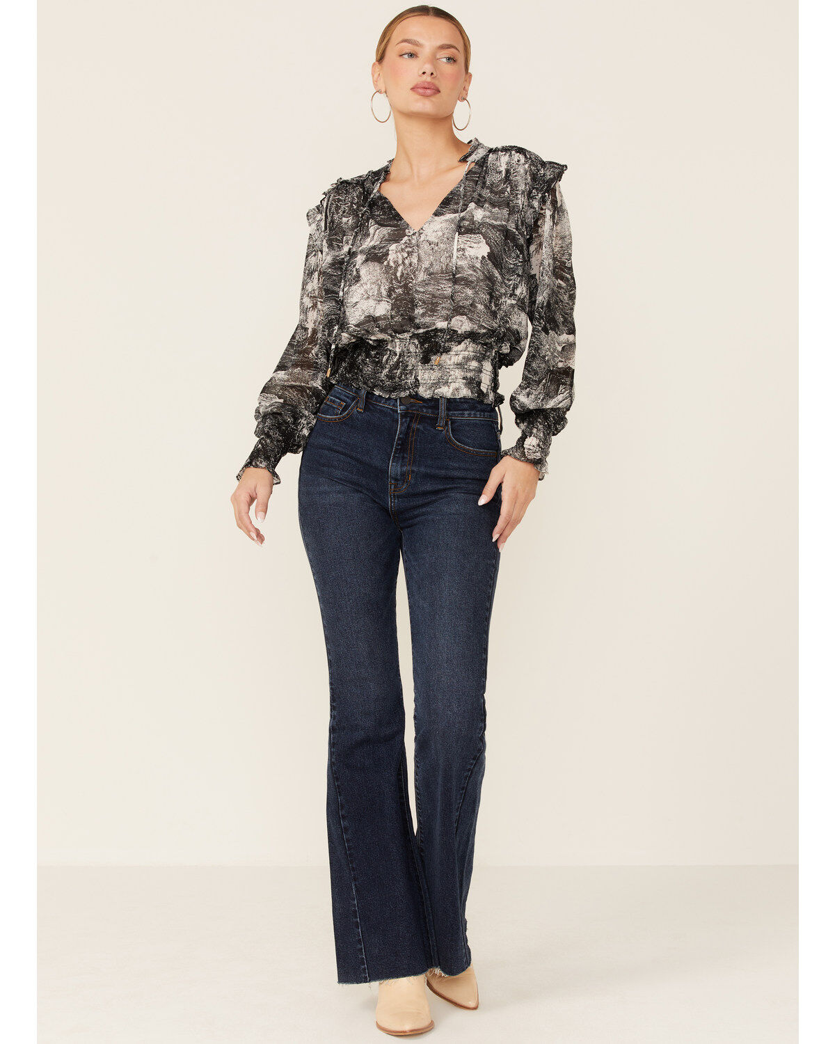 Revel Women's Toile Print Smocked Long Sleeve Top