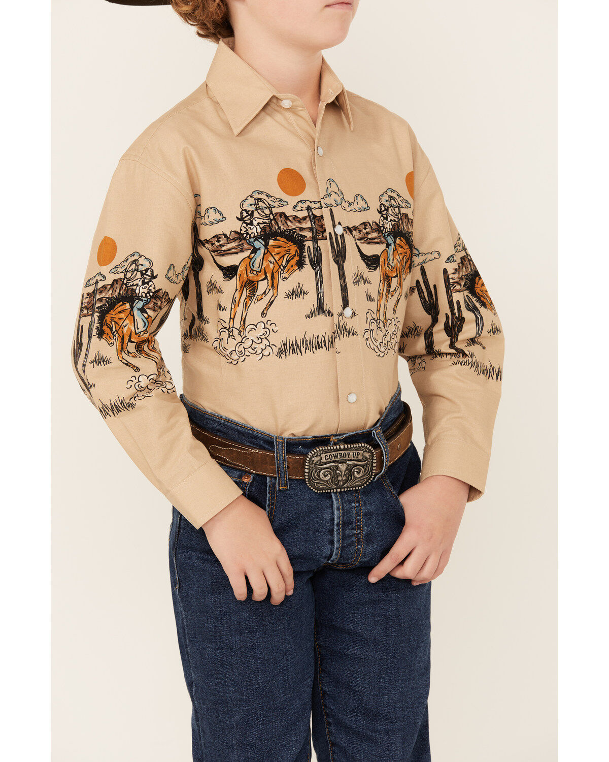 Panhandle Boys' Cowboy Border Print Long Sleeve Pearl Snap Western Shirt