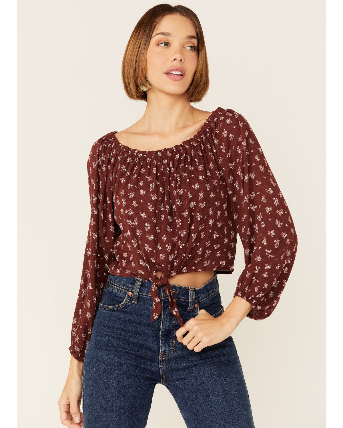Wild Moss Women's Floral Cold Shoulder Tie-Front Top