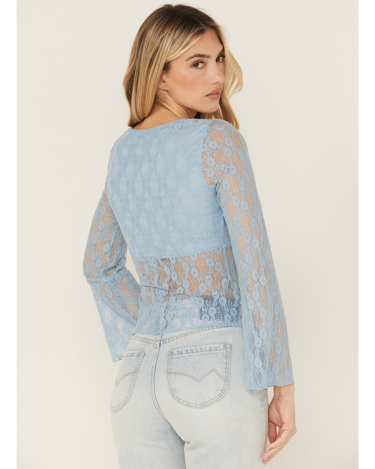 Trixxi Women's Solid Lace Long Bell Sleeve Shirt