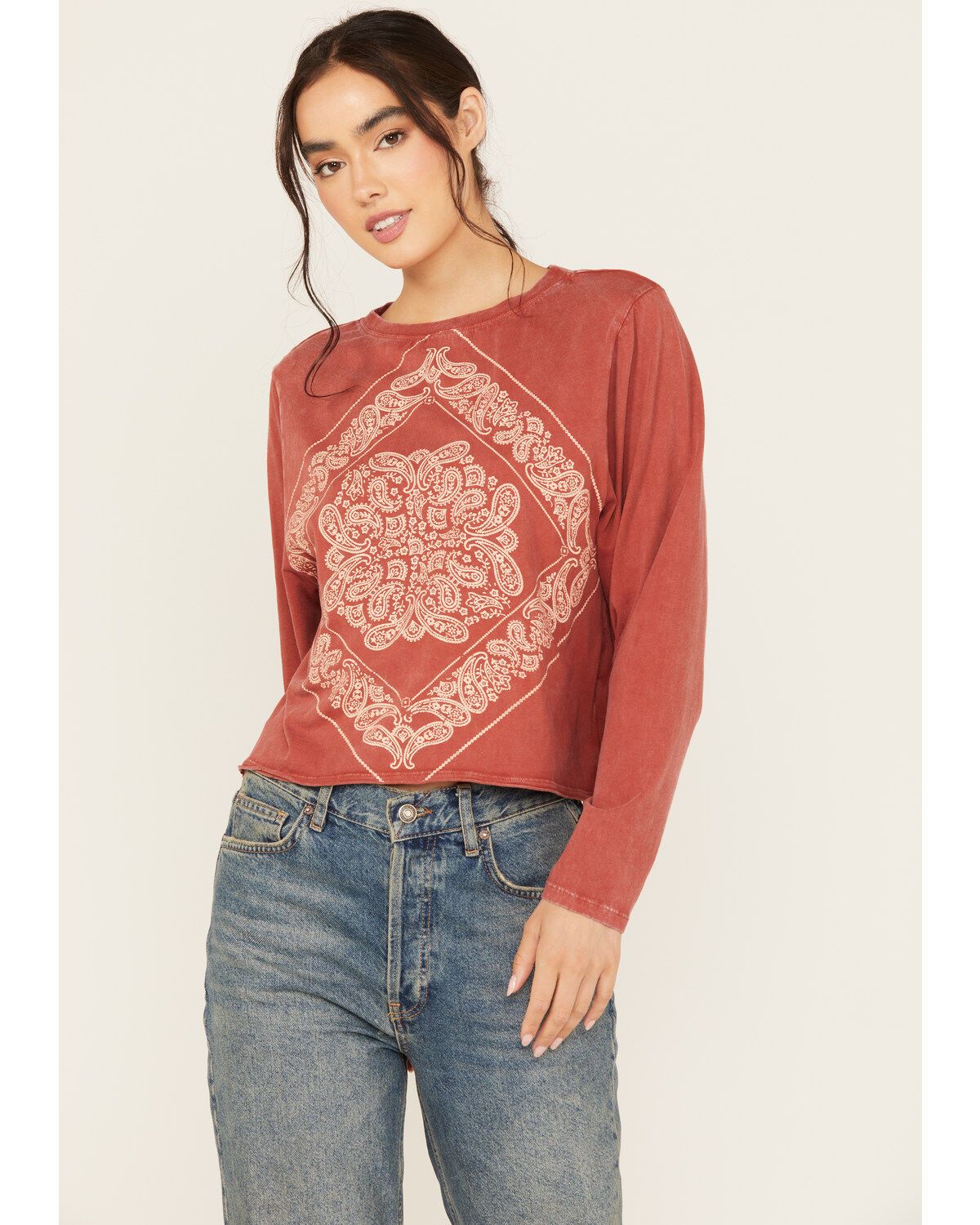 Rock & Roll Denim Women's Bandana Print Long Sleeve Top
