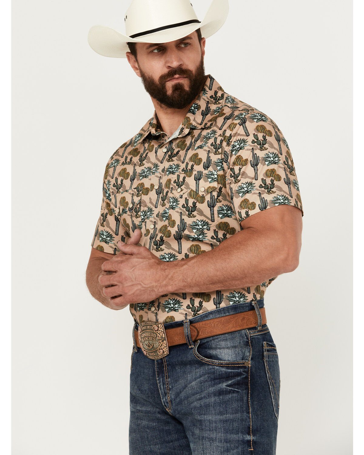 Rock & Roll Denim Men's Cactus Print Stretch Short Sleeve Snap Western Shirt