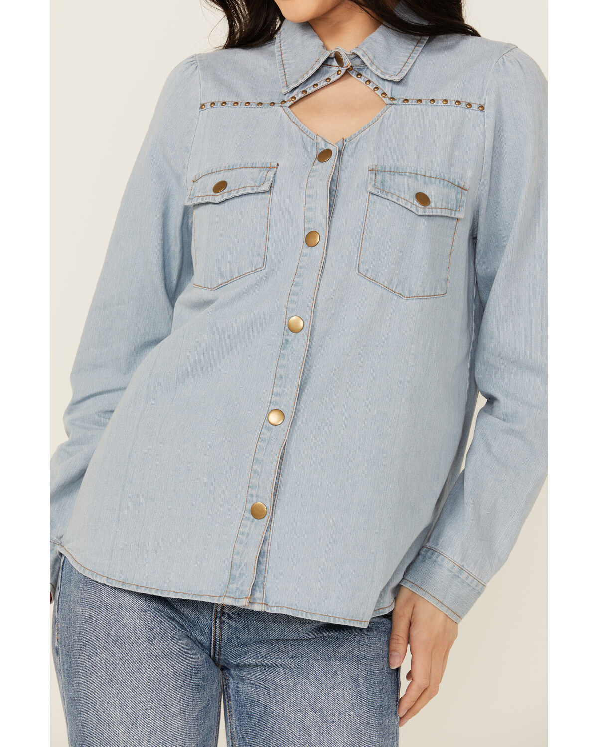 Blue B Women's Light Wash Studded Keyhole Long Sleeve Snap Denim Shirt