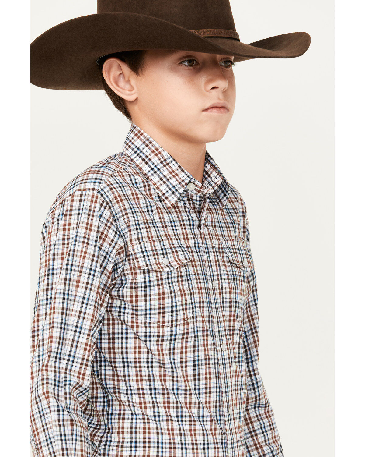 Wrangler Boys' Plaid Print Wrinkle Resistant Long Sleeve Pearl Snap Stretch Western Shirt