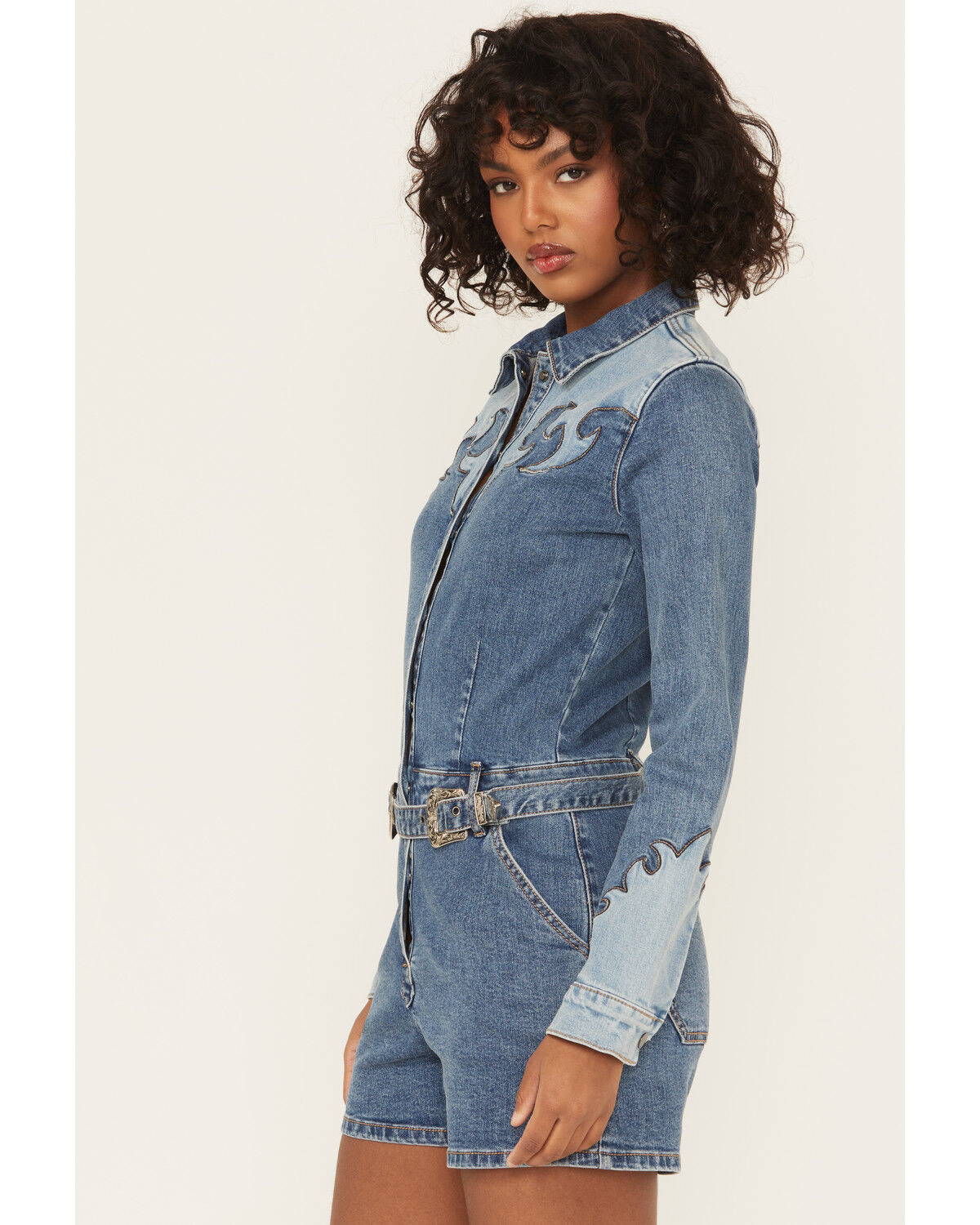 Rock & Roll Denim Women's Medium Wash Long Sleeve Snap Stretch Denim Romper