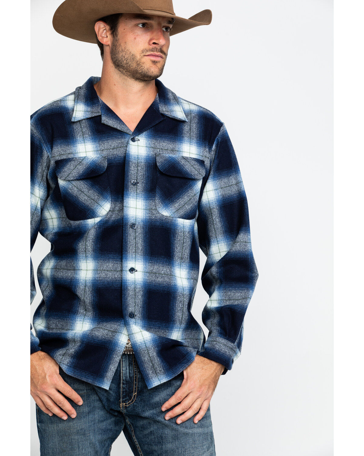 Pendleton Men's Navy Board Oxford Plaid Long Sleeve Western Shirt