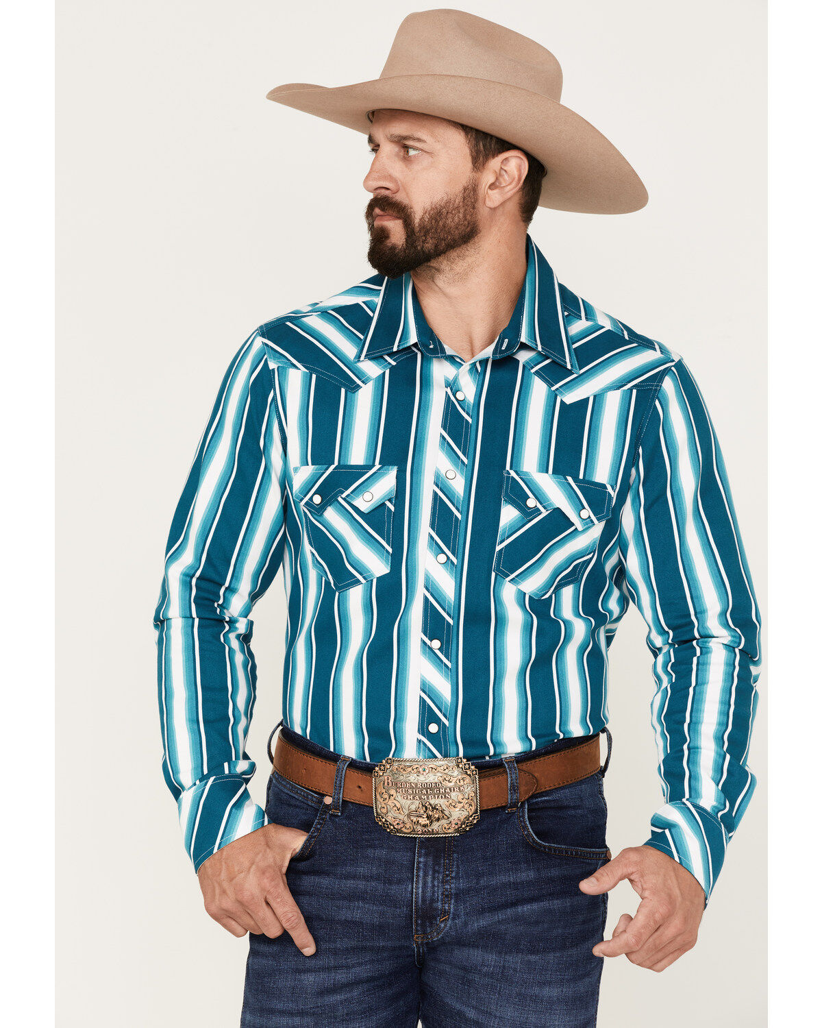 Rock & Roll Denim Men's Dale Brisby Stripe Stretch Long Sleeve Pearl Snap Shirt