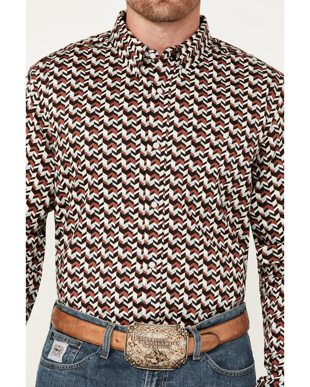RANK 45® Men's Chevron Geo Print Long Sleeve Button-Down Stretch Western Shirt