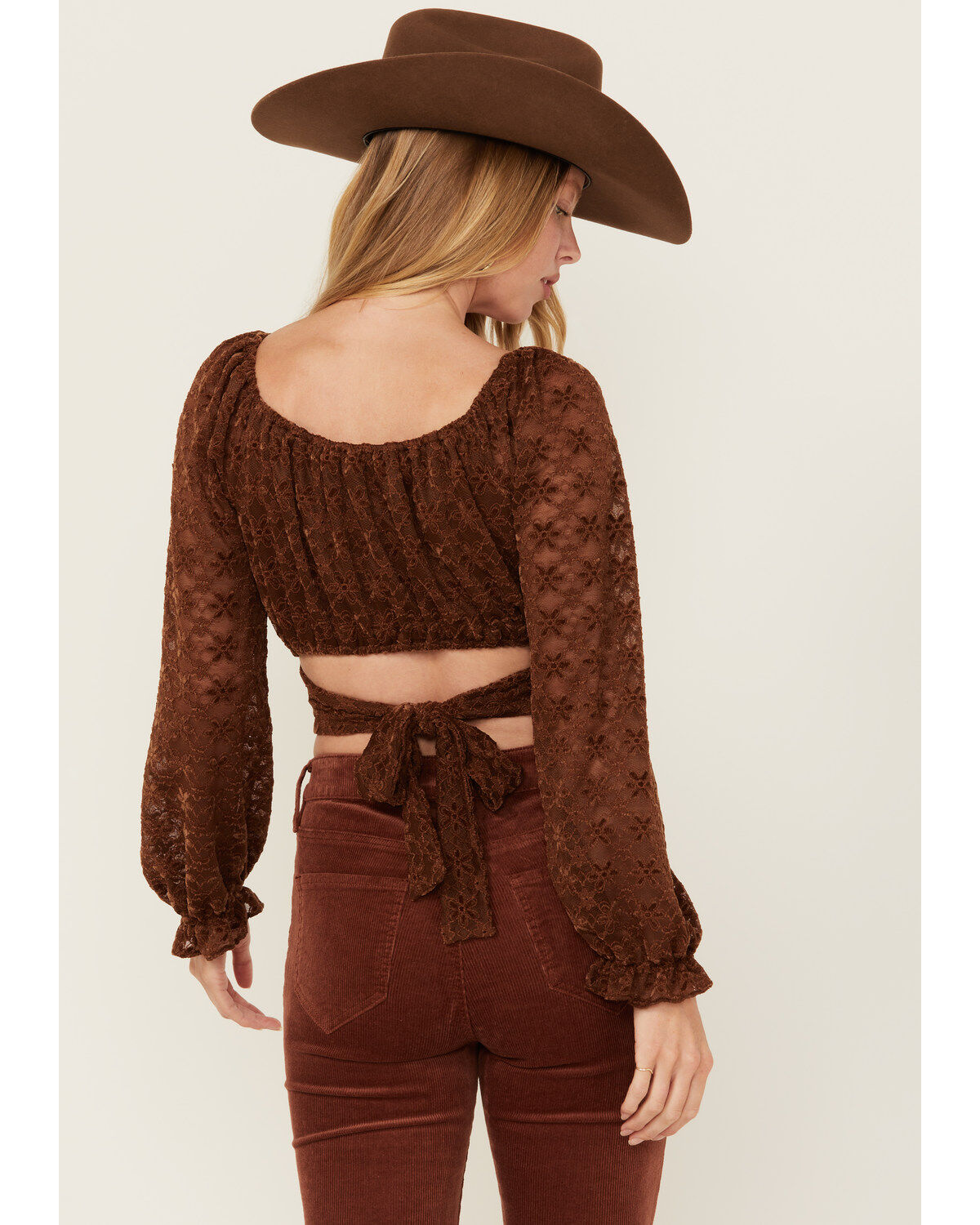 Beyond The Radar Women's Floral Lace Long Sleeve Tie Back Cropped Shirt