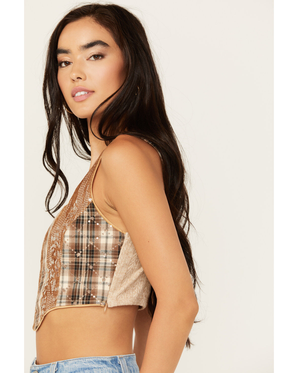 Miss Me Women's Sequins Plaid Print Cropped Tank