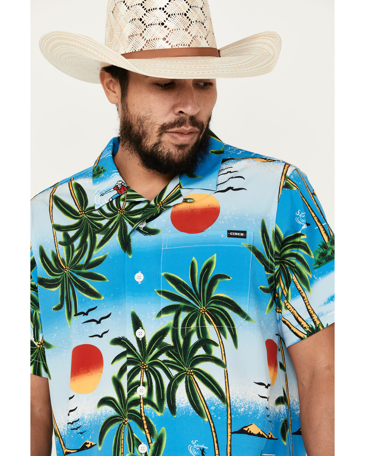 Cinch Men's Camp Ocean And Palm Trees Short Sleeve Button-Down Shirt