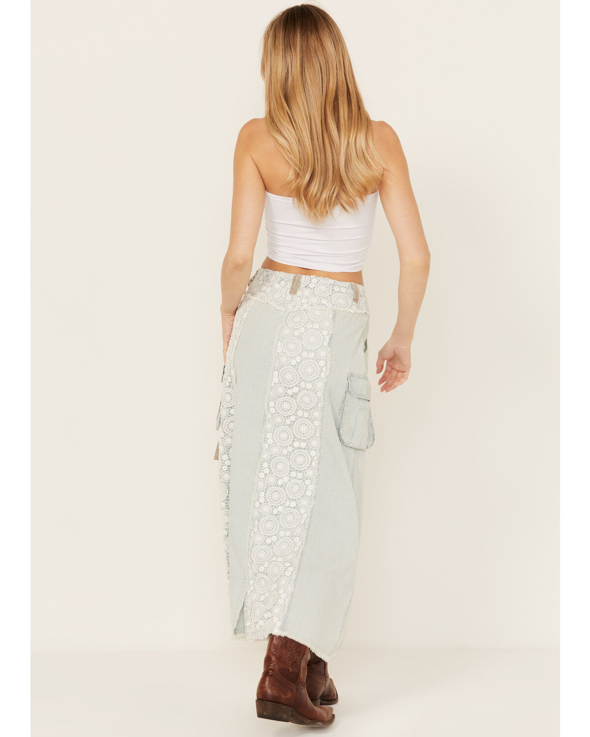 POL Women's Lace Light Wash Denim Midi Skirt