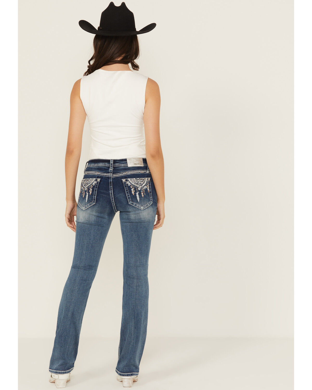 Grace in LA Women's Medium Wash Dream Catcher Embroidered Mid Rise Bootcut Stretch Denim Jeans