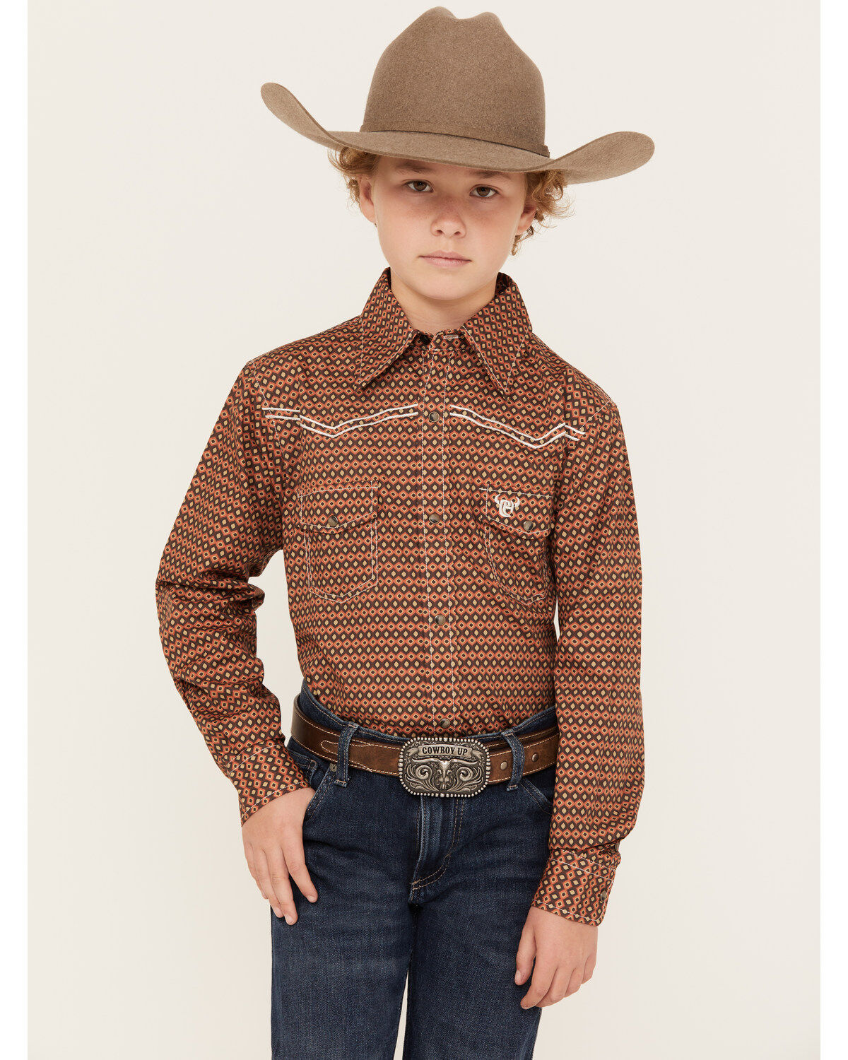 Cowboy Hardware Boys' Curvy Diamond Print Long Sleeve Snap Western Shirt