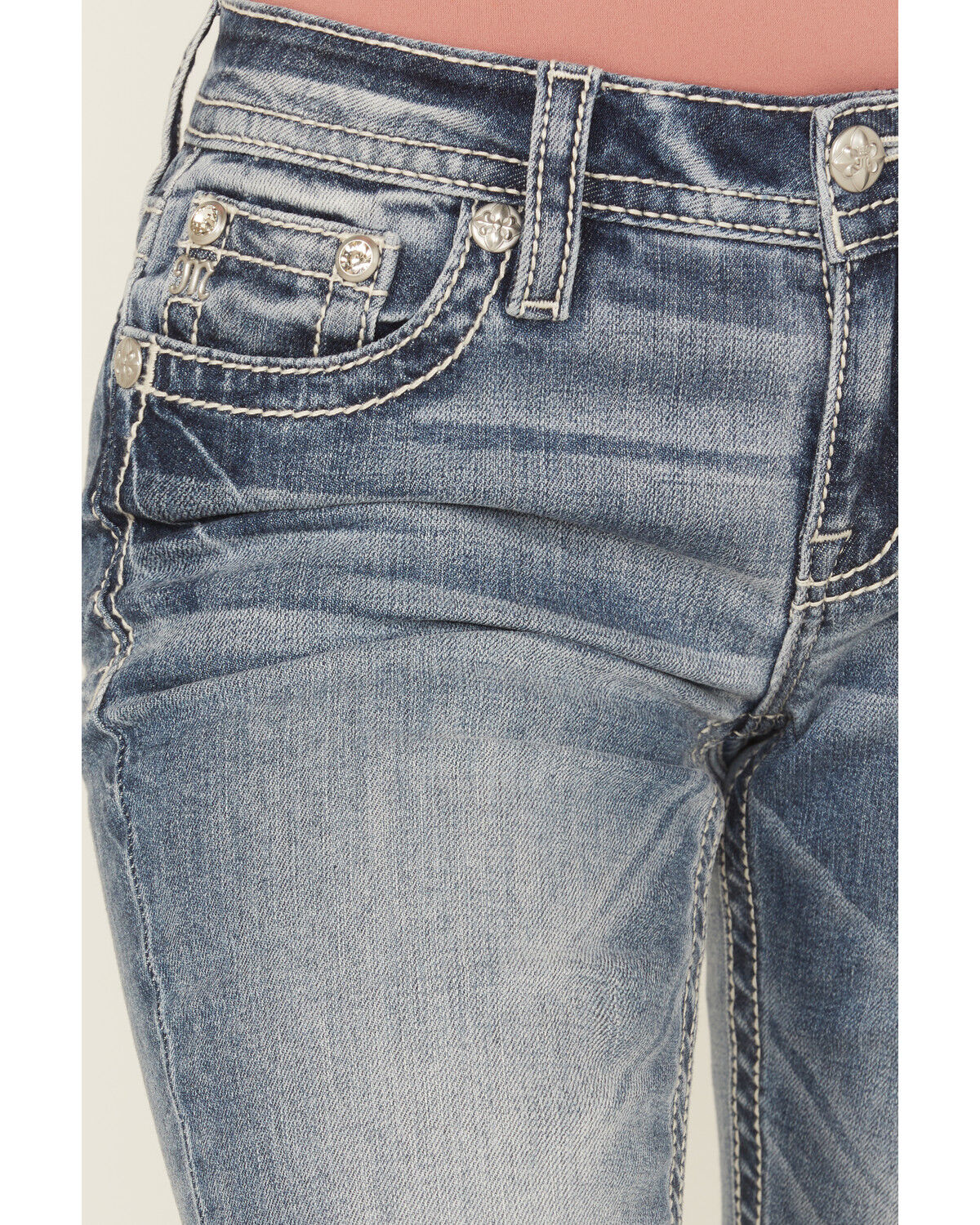 Miss Me Women's Dark Wash Mid Rise Floral Cross Pocket Stretch Denim Jeans