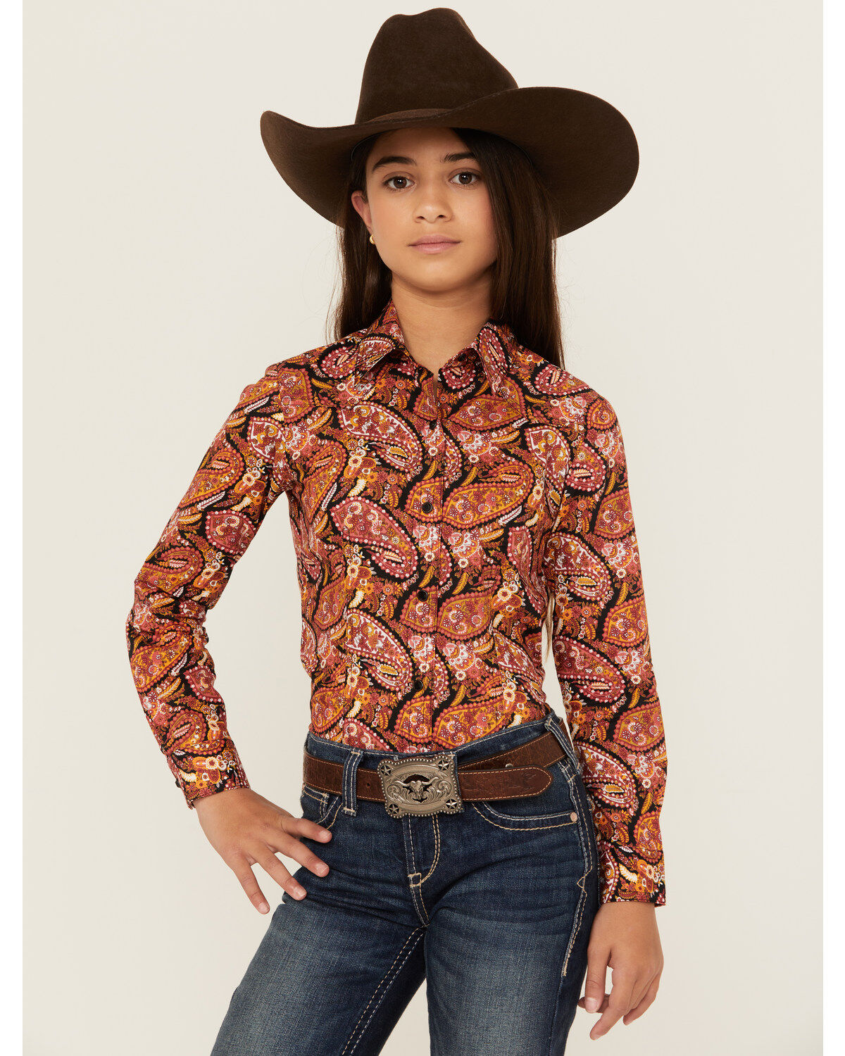 Cruel Girl Girls' Paisley Print Long Sleeve Button-Down Western Shirt