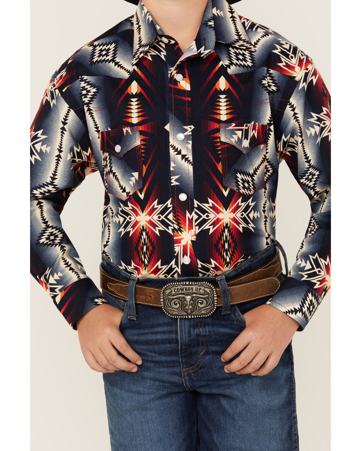 Rock & Roll Denim Boys' Southwestern Print Long Sleeve Pearl Snap Stretch Western Shirt