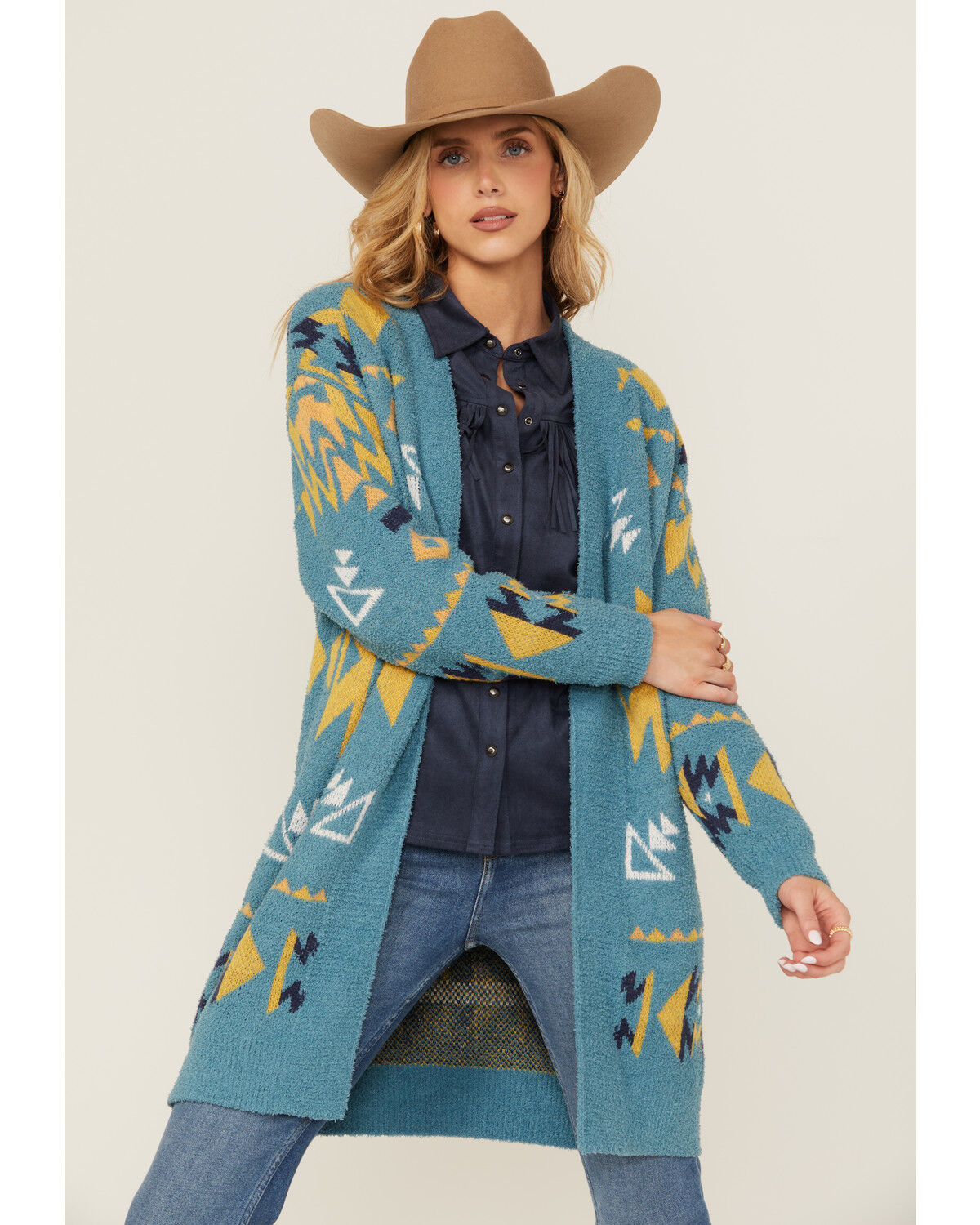 Angie Women's Southwestern Print Open Front Sweater