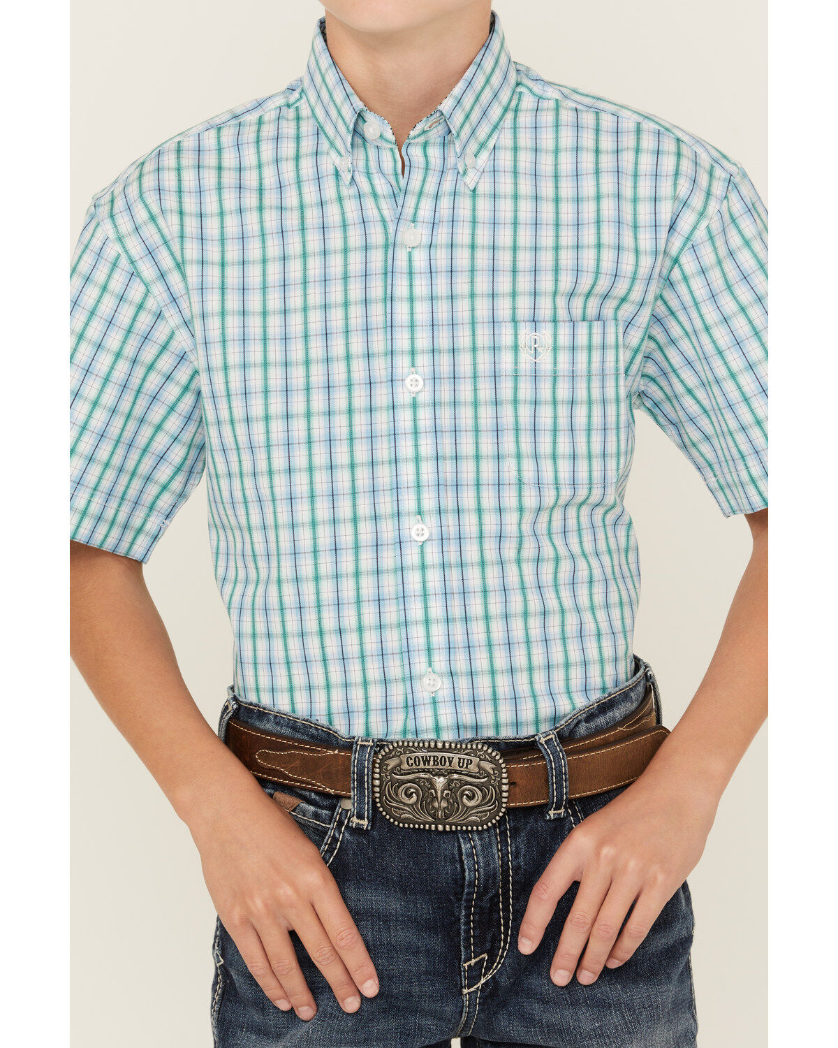 Panhandle Boys' Plaid Print Short Sleeve Button-Down Western Shirt