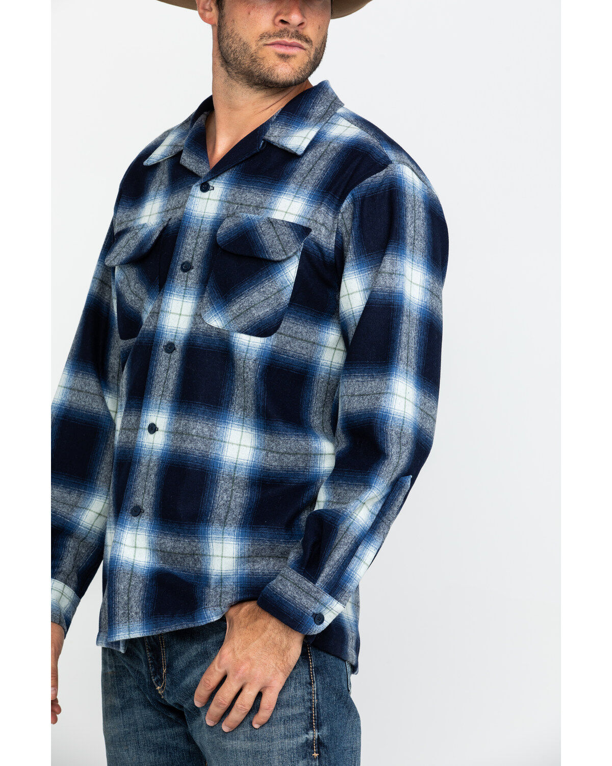 Pendleton Men's Navy Board Oxford Plaid Long Sleeve Western Shirt
