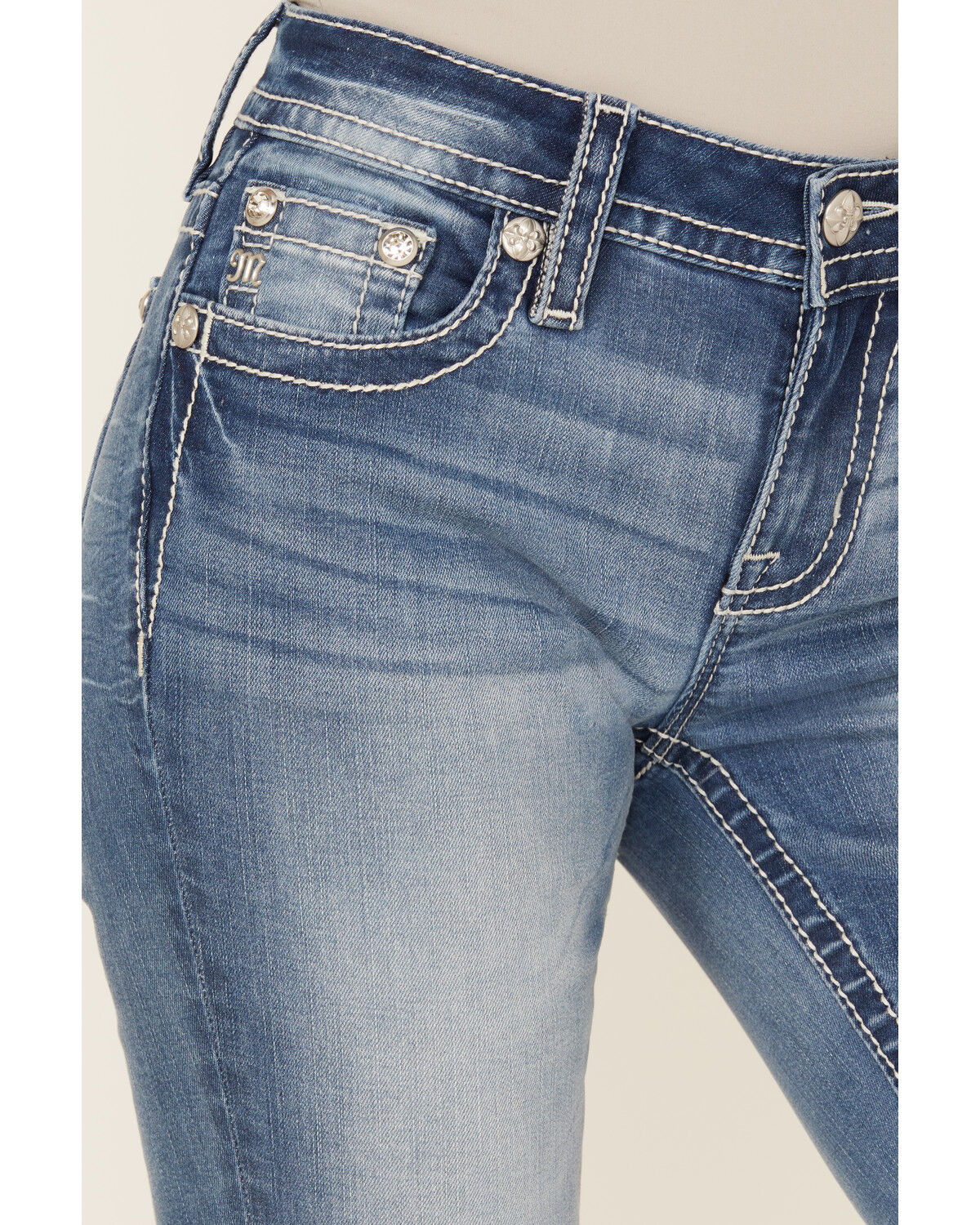 Miss Me Women's Dark Wash Mid Rise Dream Catcher Pocket Bootcut Stretch Denim Jeans