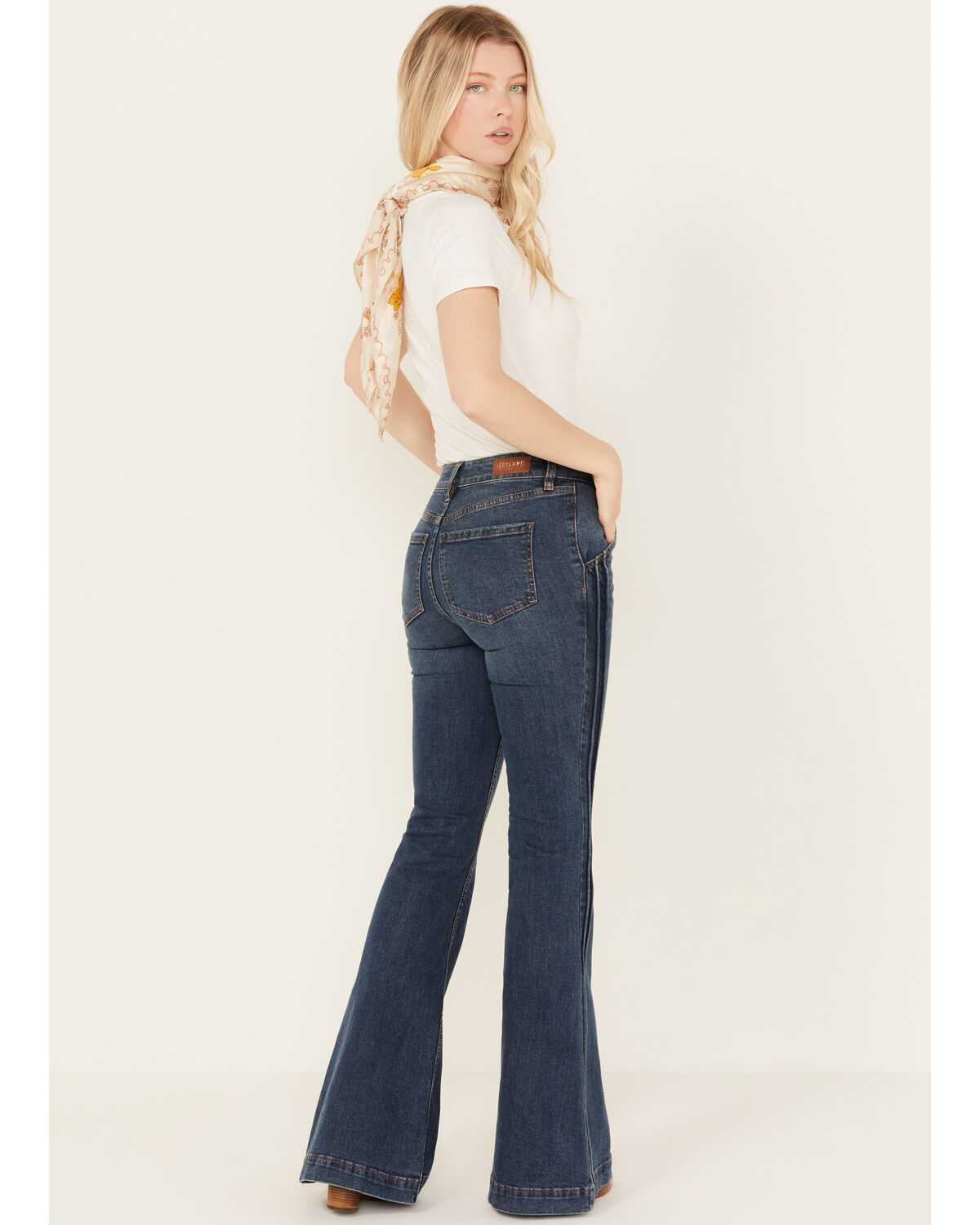 Shyanne Women's Gold Barrel Dark Wash High Rise Pintuck Flare Jeans