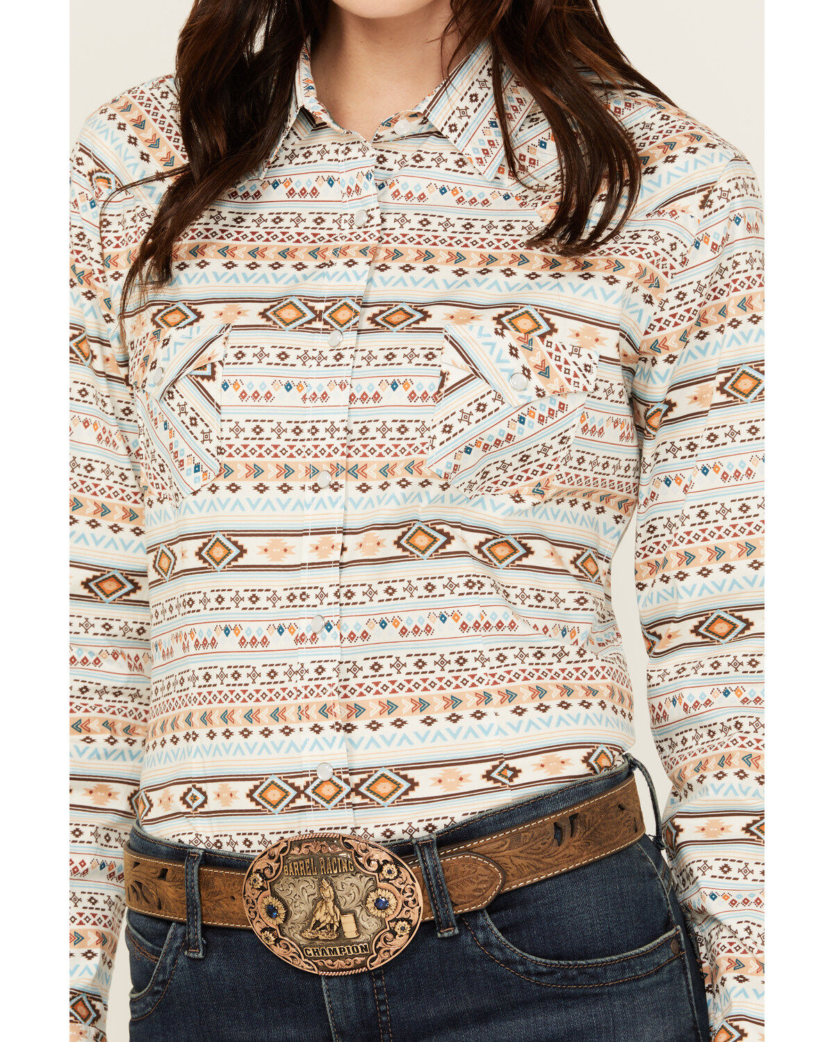 Rough Stock by Panhandle Women's Southwestern Striped Long Sleeve Pearl Snap Stretch Western Shirt