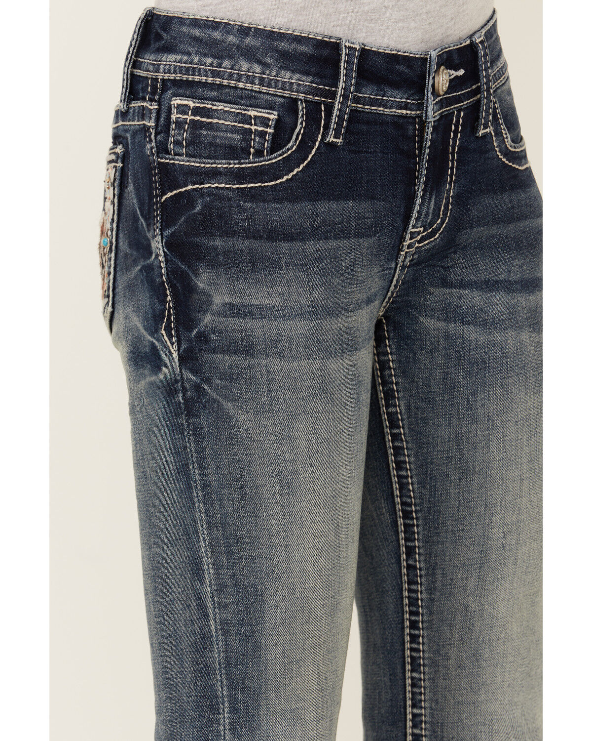 Grace in LA Girls' Medium Wash Horse Patch Pocket Bootcut Stretch Denim Jeans