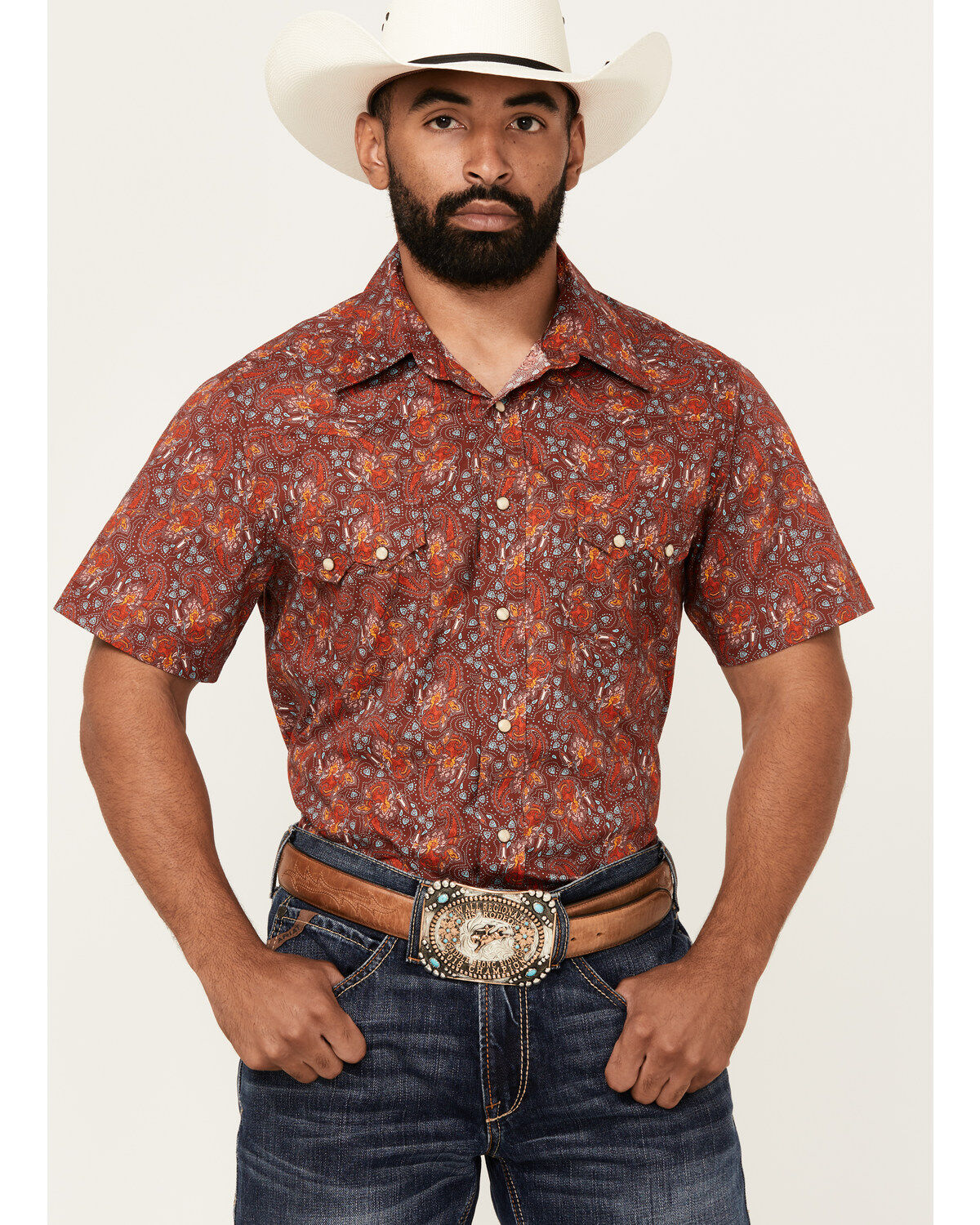 Rock & Roll Denim Men's Paisley Print Short Sleeve Snap Stretch Western Shirt