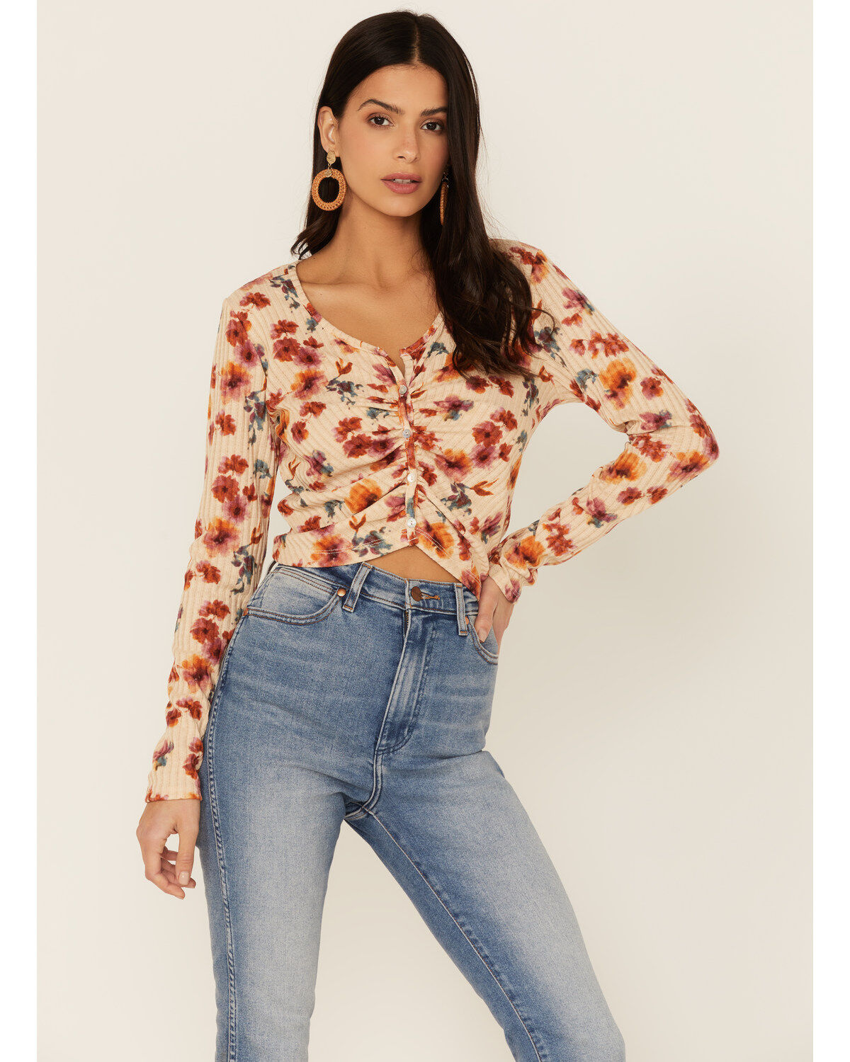 Wild Moss Women's Rust Long Sleeve Floral Button Cinch Front Knit Top